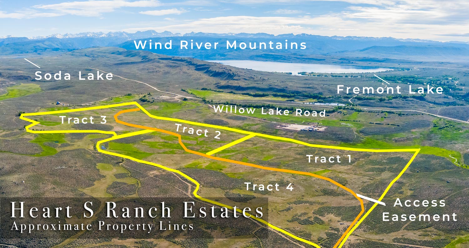 Aerial of Heart S Ranch Estates with all four tracts labeled (Tract 1 through 4) and the access easement outlined, above Willow Lake Road with Soda Lake, Fremont Lake, and the Wind River Mountains beyond