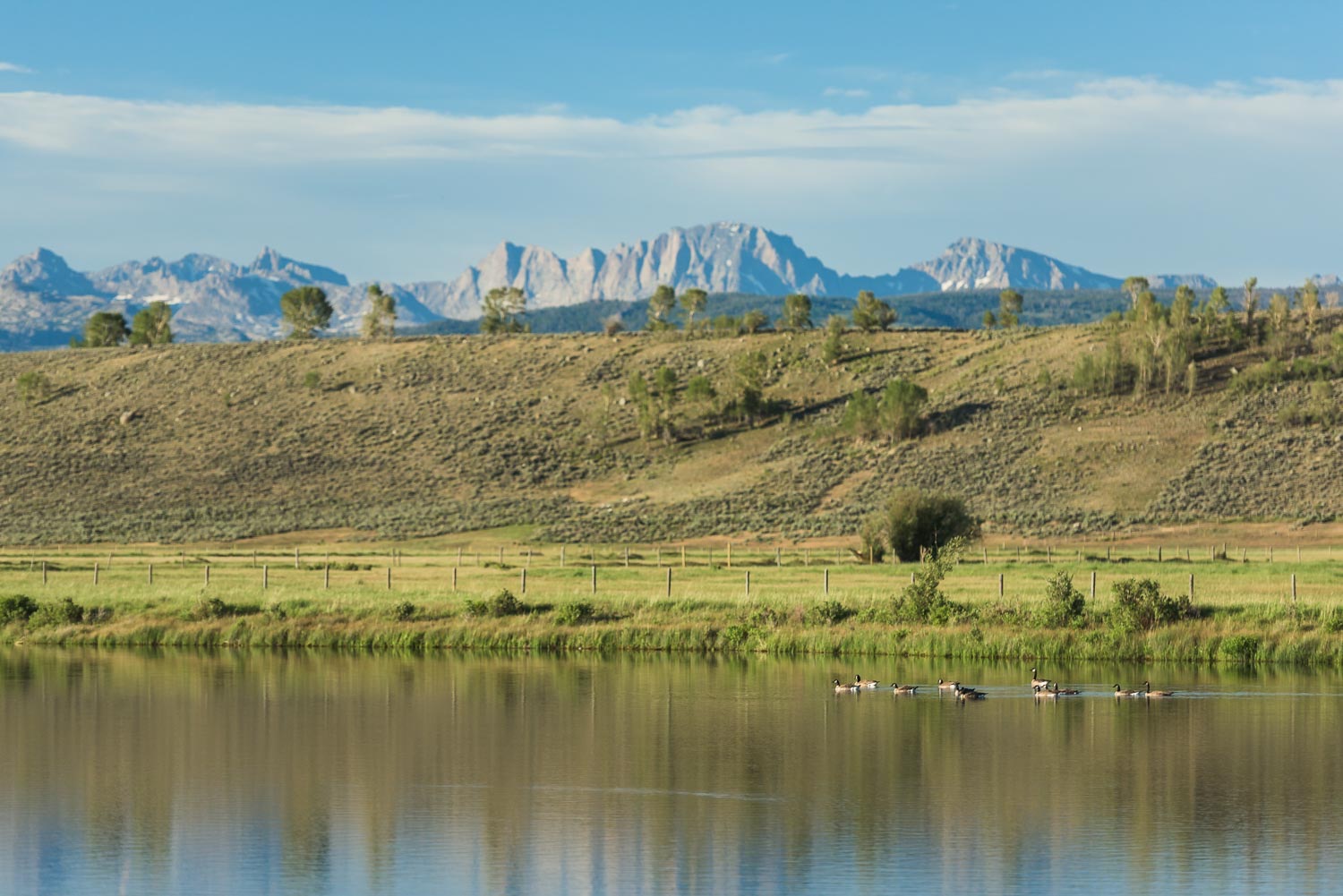 Pond and sagebrush rise with the jagged Wind River peaks behind