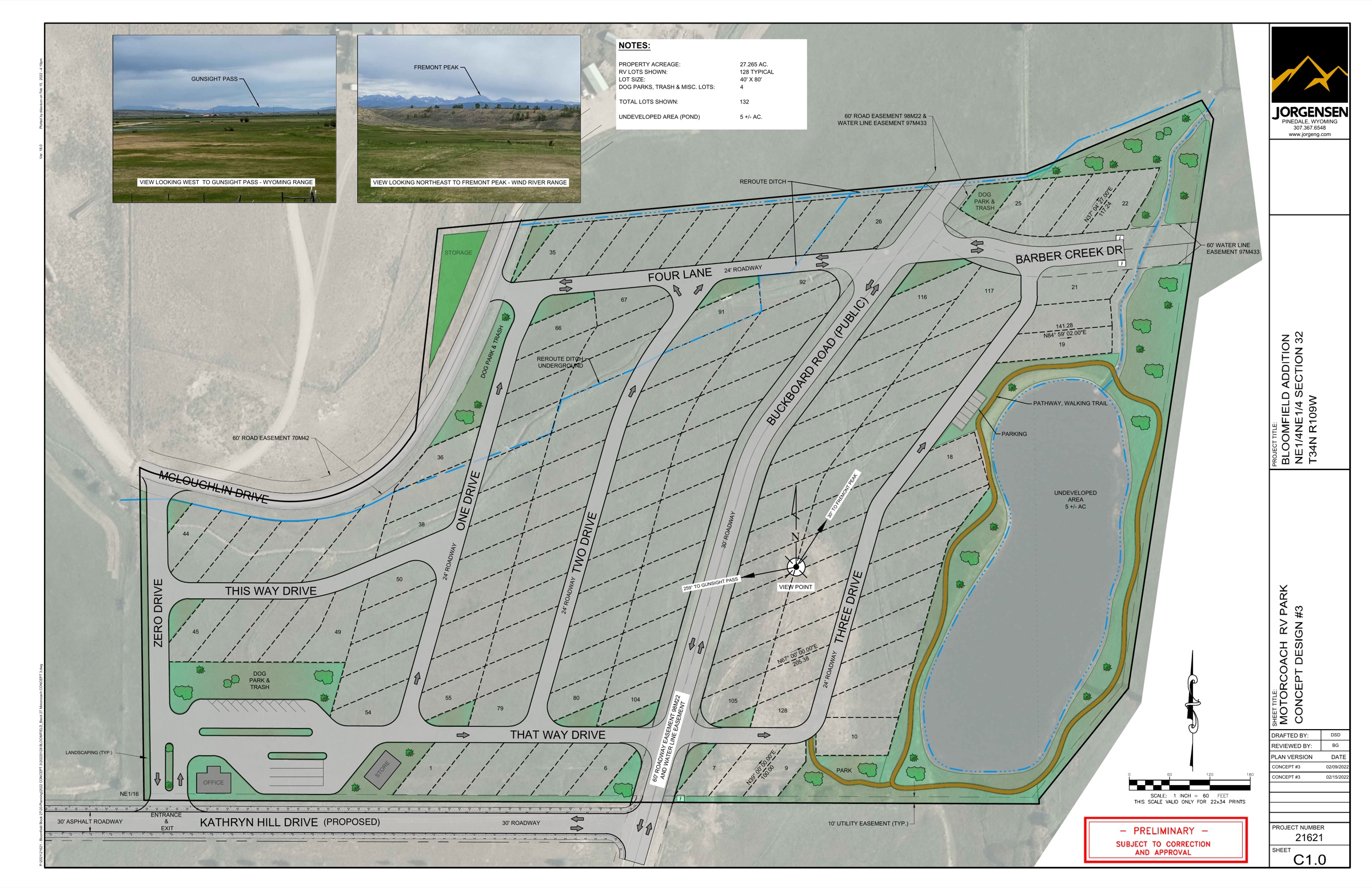 Wind River Resorts engineered site plan — 128 lots, roads, and pond
